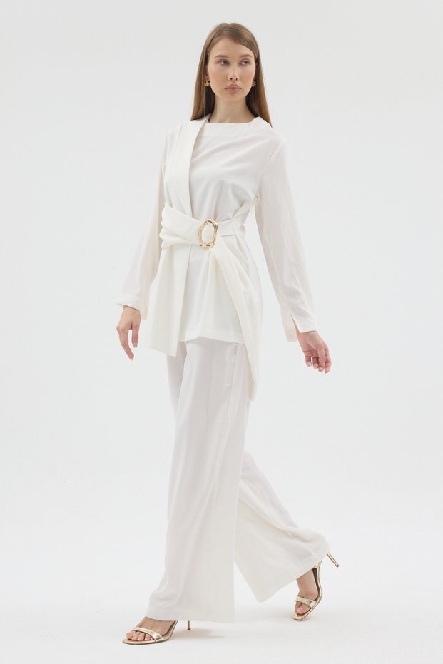 Women's Ecru Belted Asymmetrical Cut Double Suit