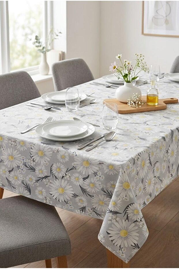 Gray Daisy Patterned Digital Print Tablecloth Stain Resistant Quality Cotton Fabric Living Room Kitchen Stylish