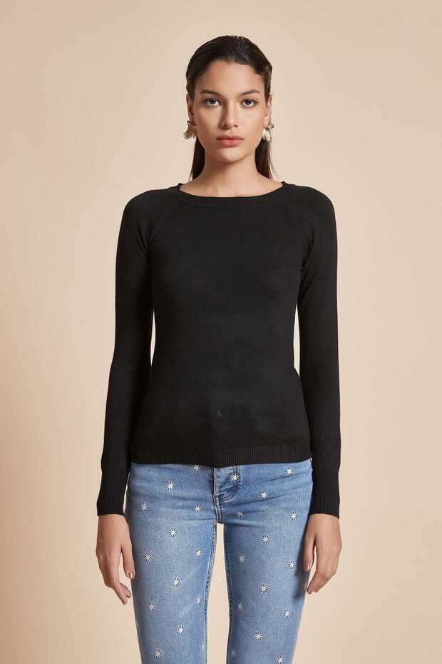 Solid Crew Neck Long Sleeve Top - 3