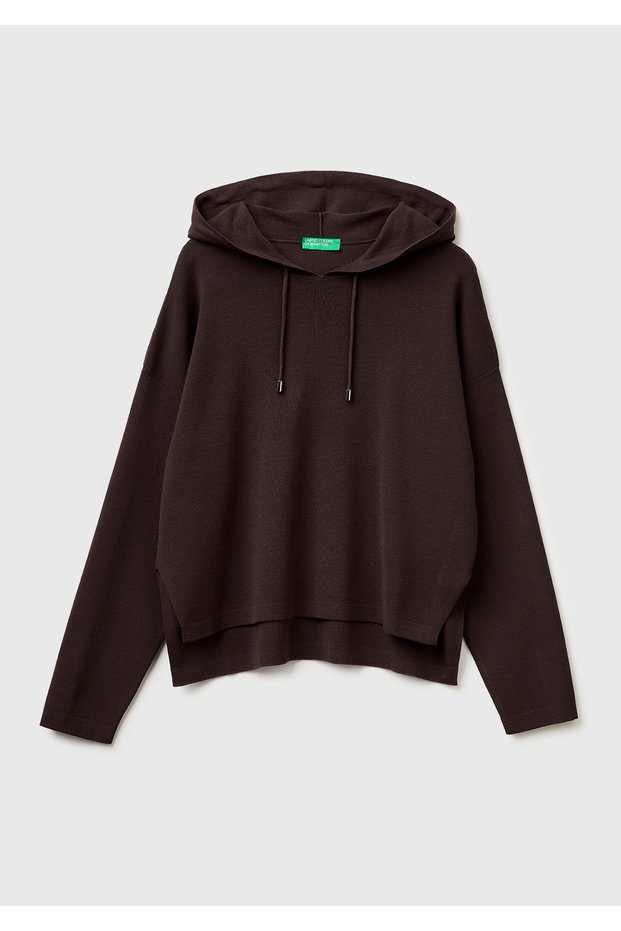 Women's Brown Viscose Blended over Fit Hooded Knitwear
