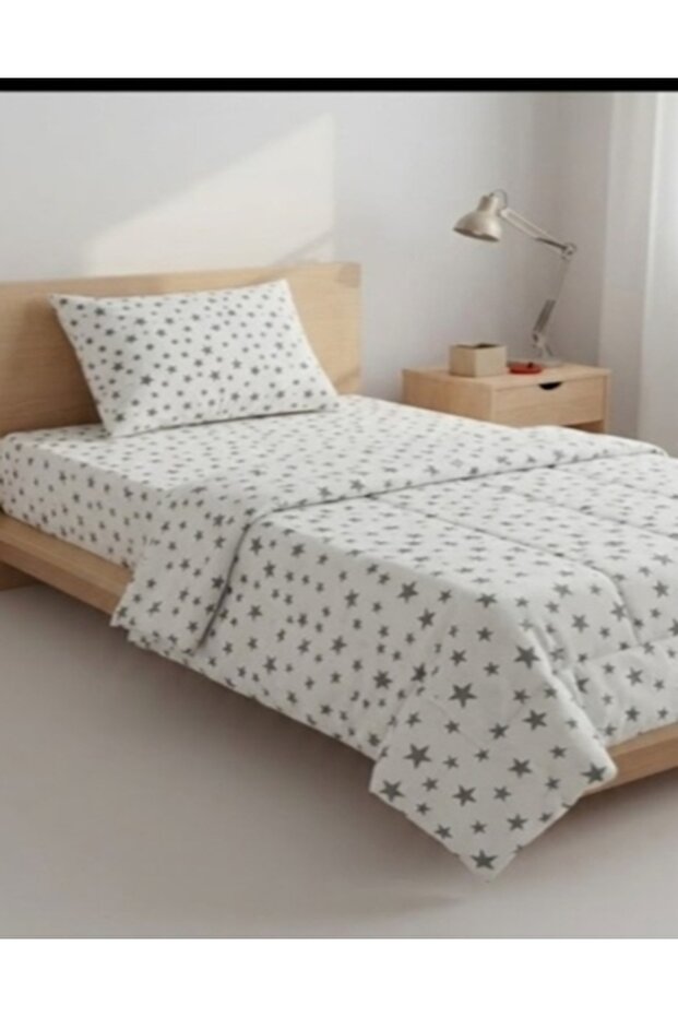 Ranforce Fabric Padded Elastic Single Bed Sheet Set / 100 X 200 White Star Pattern