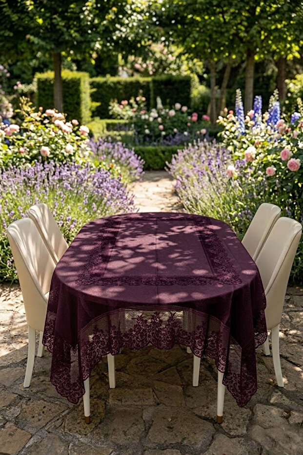 Patterned Stain-Resistant Lace Tablecloth, Tile Pattern Tablecloth - Purple