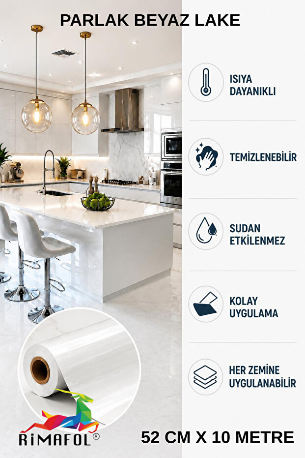 Glossy White Adhesive Kitchen Cabinet and Furniture Covering Foil 52 cm X 10 Meters