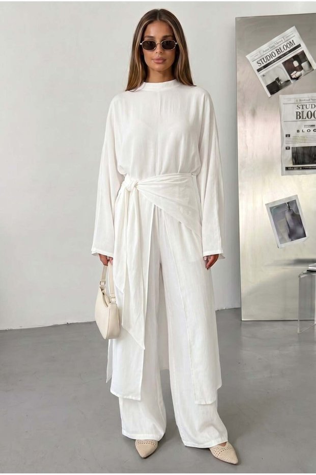 Women's Belted Kimono Tunic and Wide-Leg Pants 3-Piece Hijab Set
