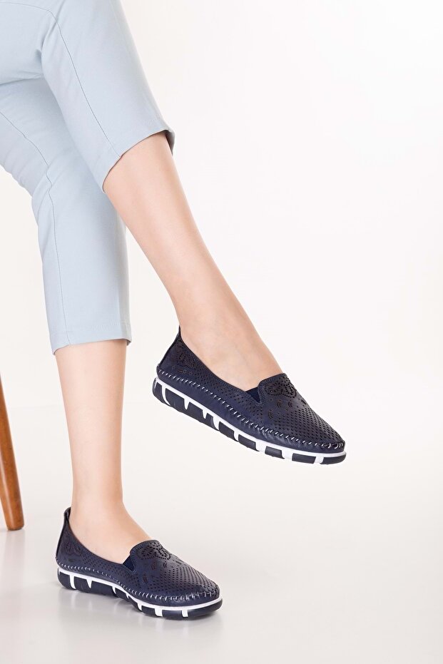 Genuine Leather Laser Perforated Comfortable Summer Shoes Ars.325 Navy Blue