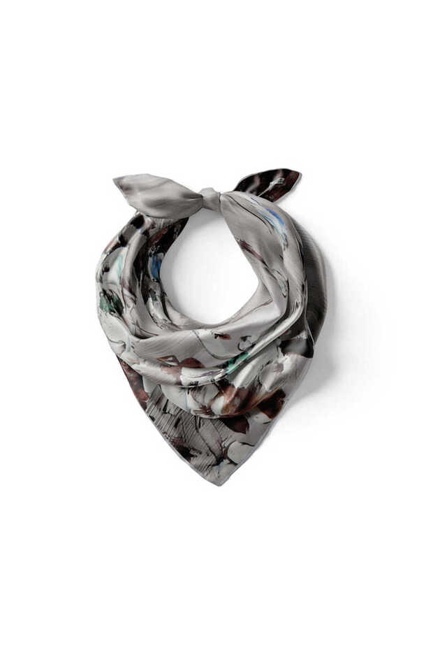 Anemone Patterned Gray Silk Handkerchief - 3