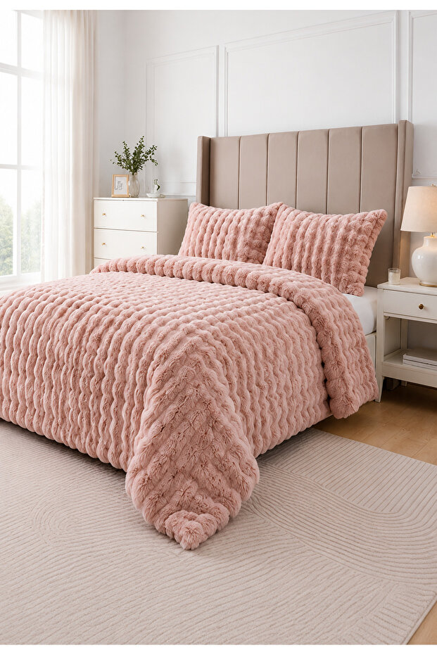 Loria Plush Double Bedspread 220X240Cm Honeycomb Pattern Fiber Filled Soft - Powder