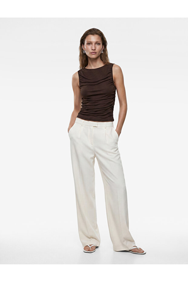 Skinny Fit Crew Neck Draped Sleeveless Tulle Blouse