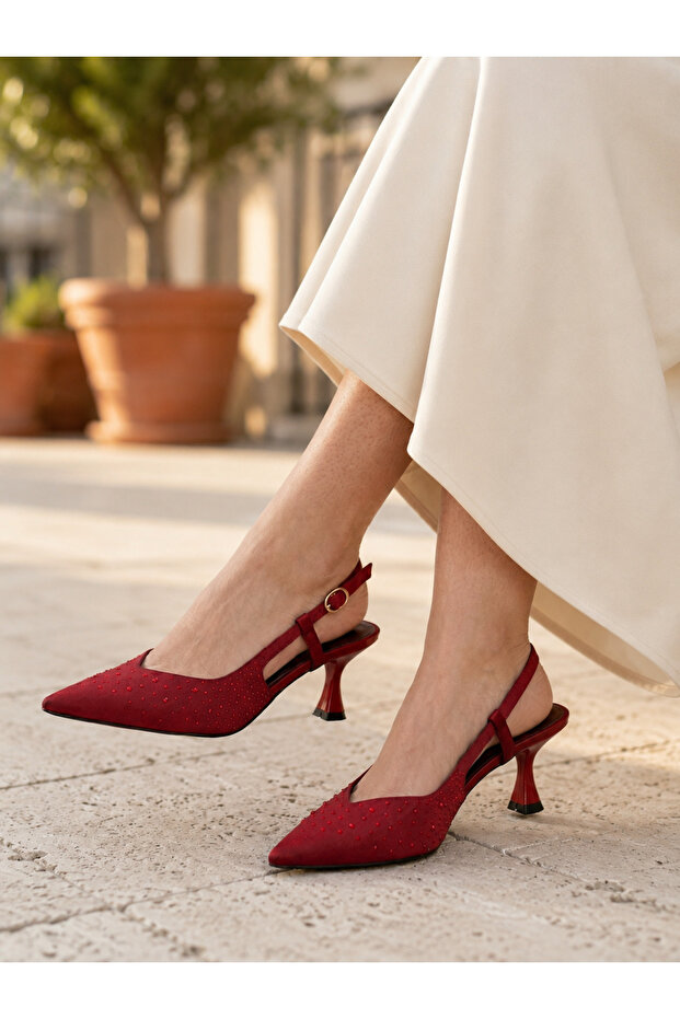 Bordo Taş Detaylı İnce Topuklu Slingback Stiletto – Şık ve Zarif Abiye Kadın Ayakkabı - 1