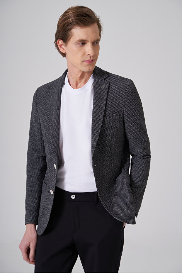 Men's Black Polyester Trendy Patterned Slim Fit Jacket - 2