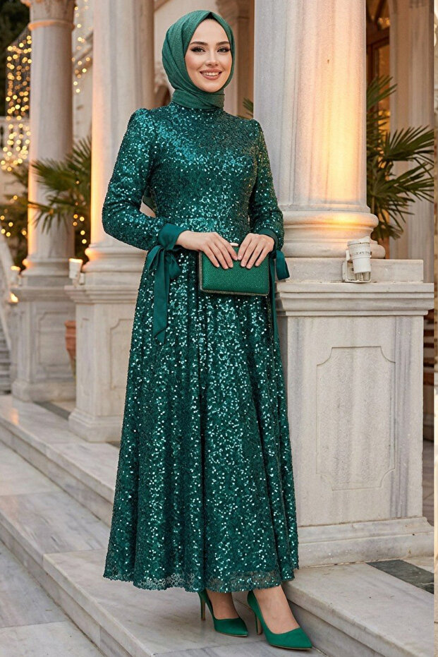- Sequin Embroidered Emerald Green Hijab Evening Dress 4713Zy