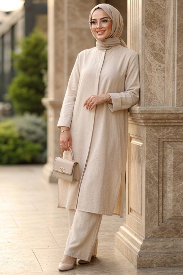 Buttoned Beige Hijab Double Set 76591Bej