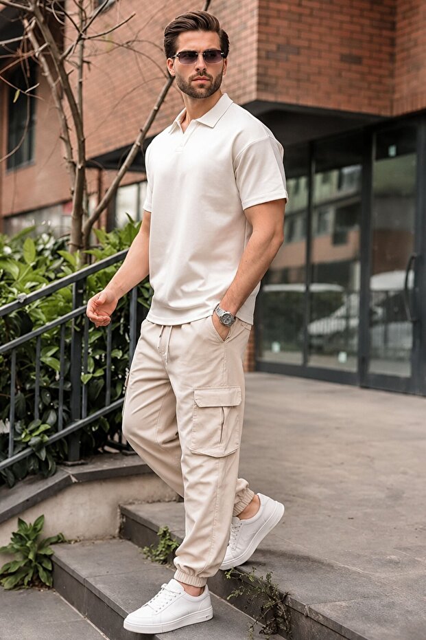 Ecru Slim Fit Cargo Pocket Men's Trousers 5447