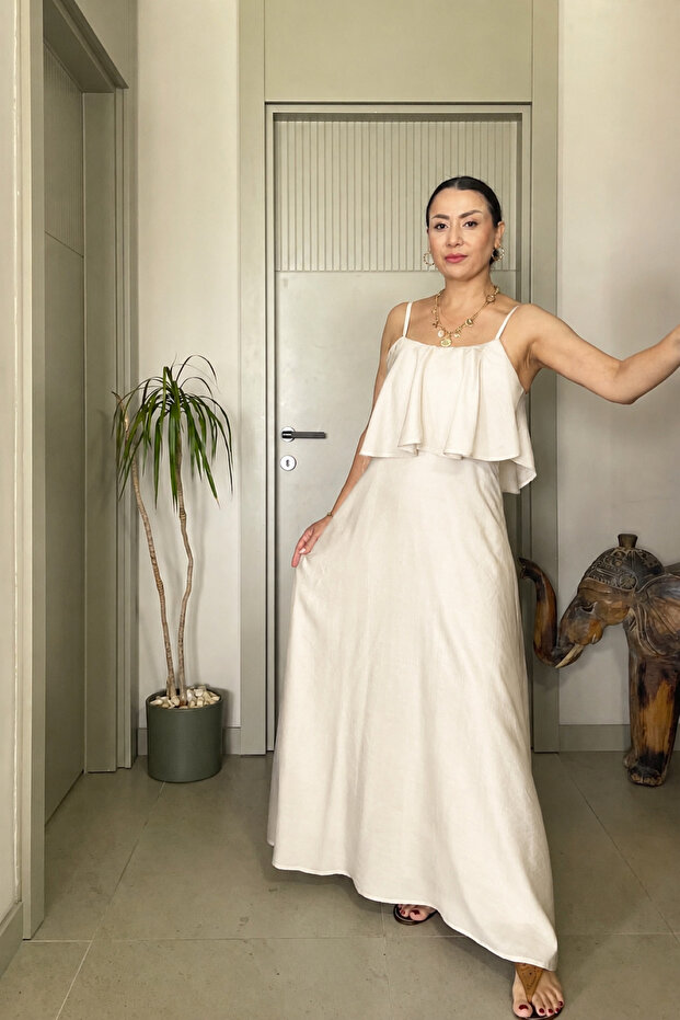 Flounced Top Adjustable Thin Strap Lined Long Dress
