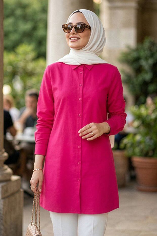 Buttoned Fuchsia Hijab Tunic 11751F