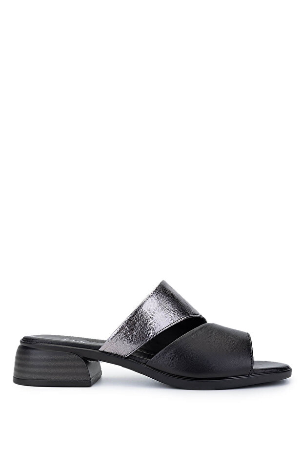Women's Genuine Leather Black Heeled Slippers