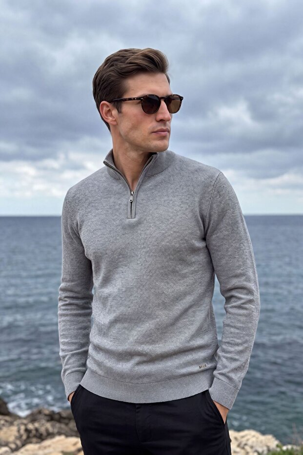 Men's Zippered Half-Fisherman Gray Sweater Knitwear Solid Color Classic Fit - 5242B
