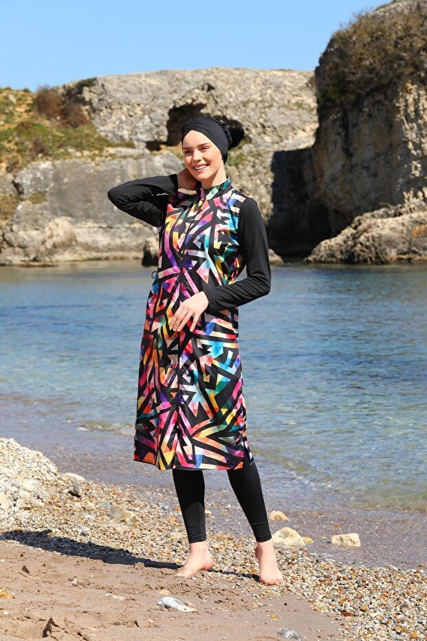 Digital Printed Long Gilet Model Closed Hijab Swimsuit 3484