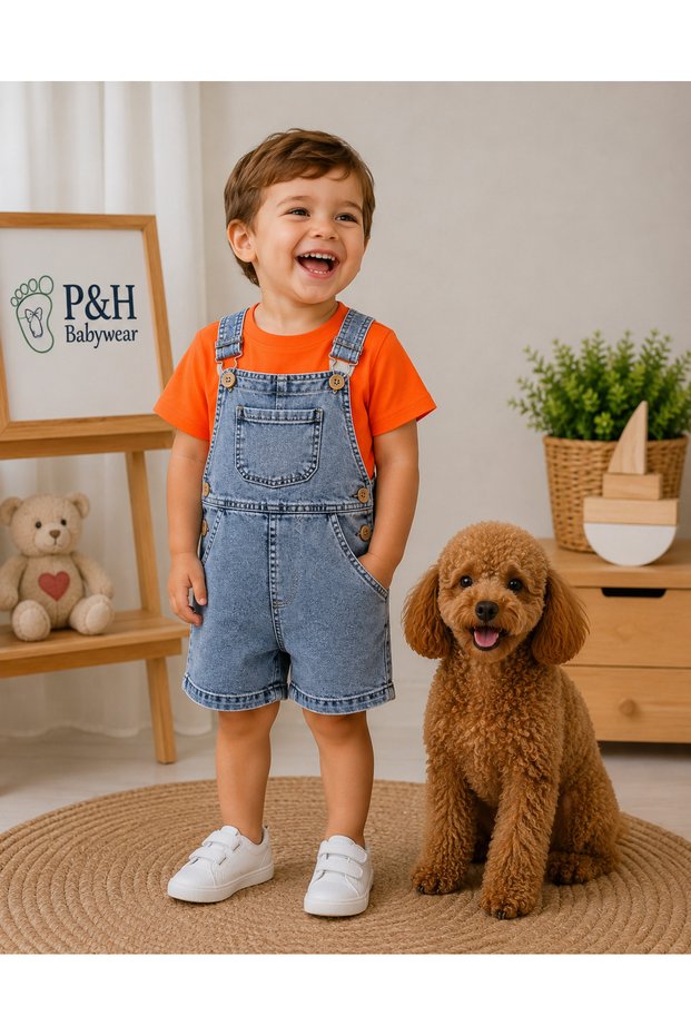 Stretch Fabric Denim Salopet Kangaroo Pocket with Snap Fasteners on the Shoulders Cotton Piece Badi Baby Boy Summer Set
