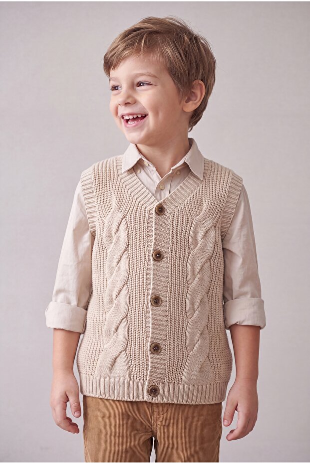 Boy's Stitch-Free Premium Knitwear Vest V-Neck Buttoned Hair Knitting Patterned