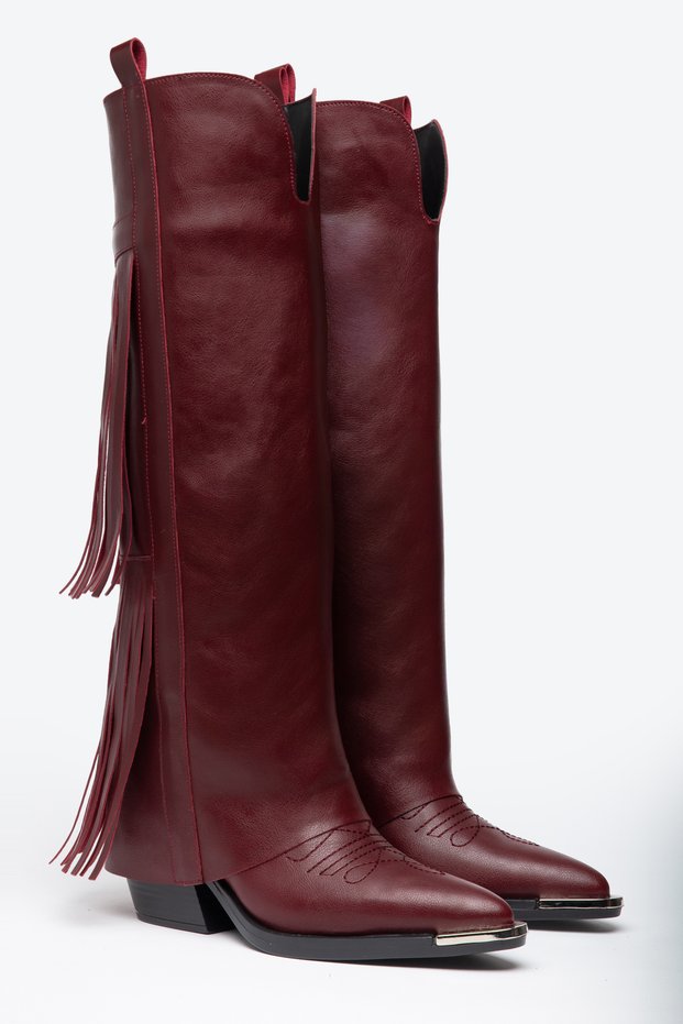 Burgundy Matte Leather Tasseled Trousers Metal Toe Western Cowboy Knee-Length Boots