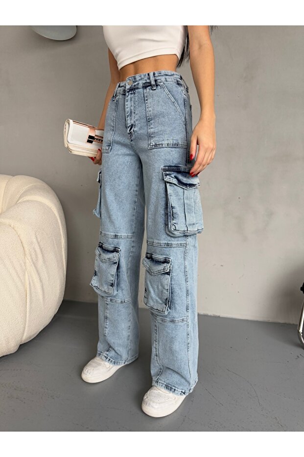 Women's High Waist Multi-Pocket Special Design Straight Fit Cargo Jeans