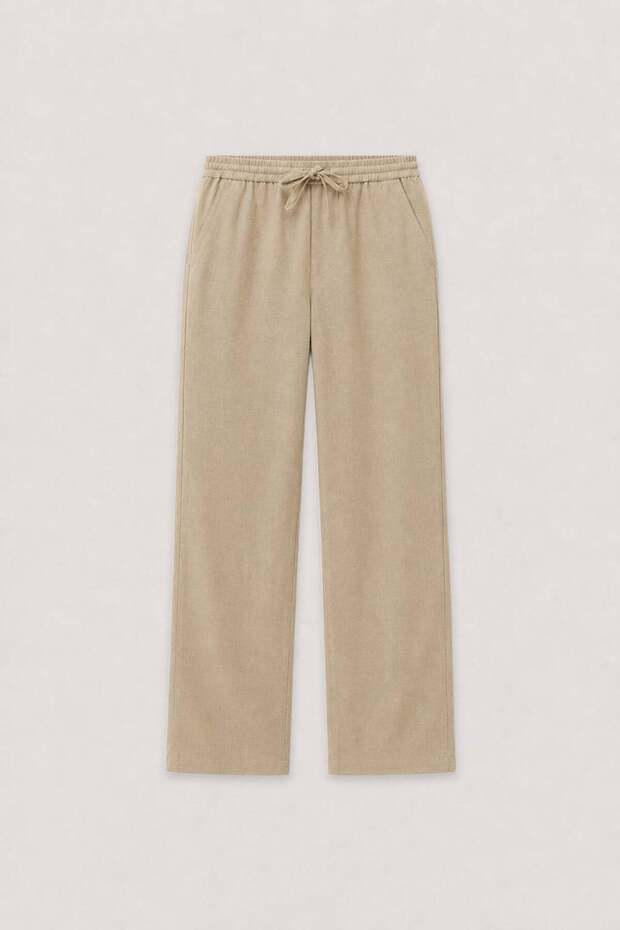 Beige Linen Blend Men's Trousers with Elastic Waist