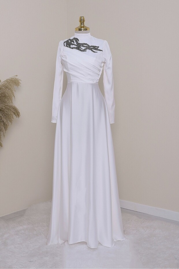 Evening Dress with Stone Collar and Draped Front -White