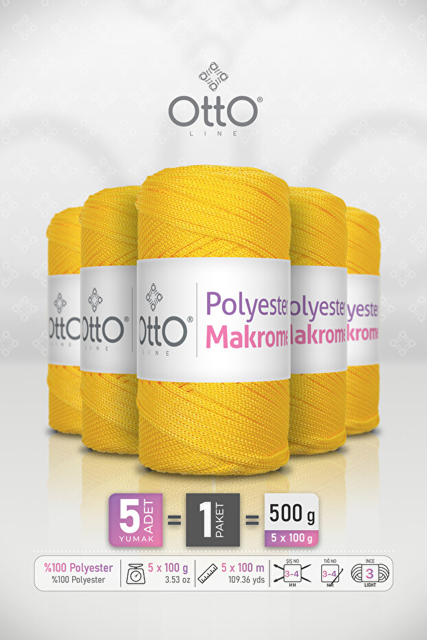 Polyester Makrome • Yellow • 5-Pack × 100 Gr / 100 m • 2 mm • Supla, Bag, Accessory Cord