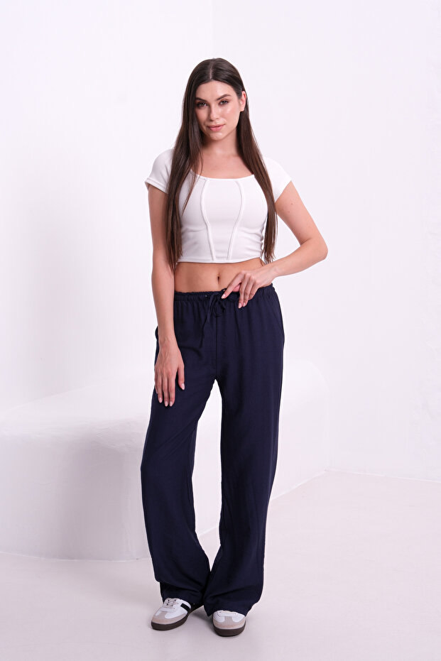 Navy Blue Linen Effect Loose Fit Belted Trousers