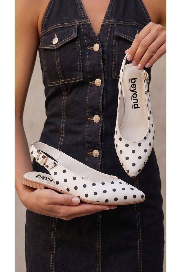 Women's White Polka Dot Open Back Satin Buckle Ballerinas 1cm Byndmtf03