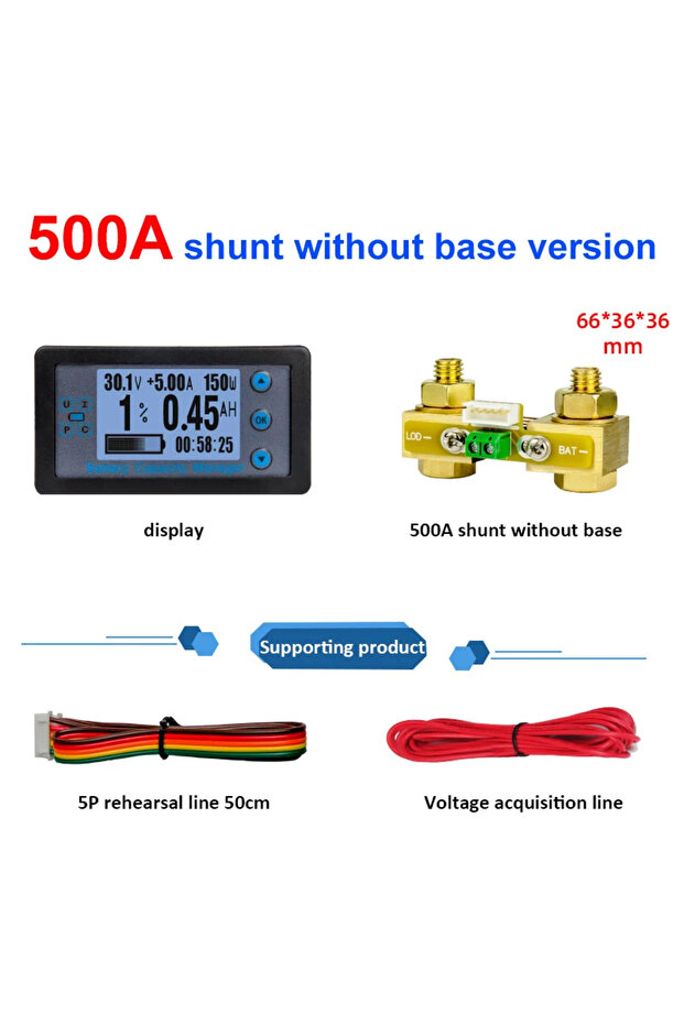 500A Wired Shunt Coulombmeter DC 8-120V 100/200/300/500A Energy Meter Battery Capacity Tester Low Vo