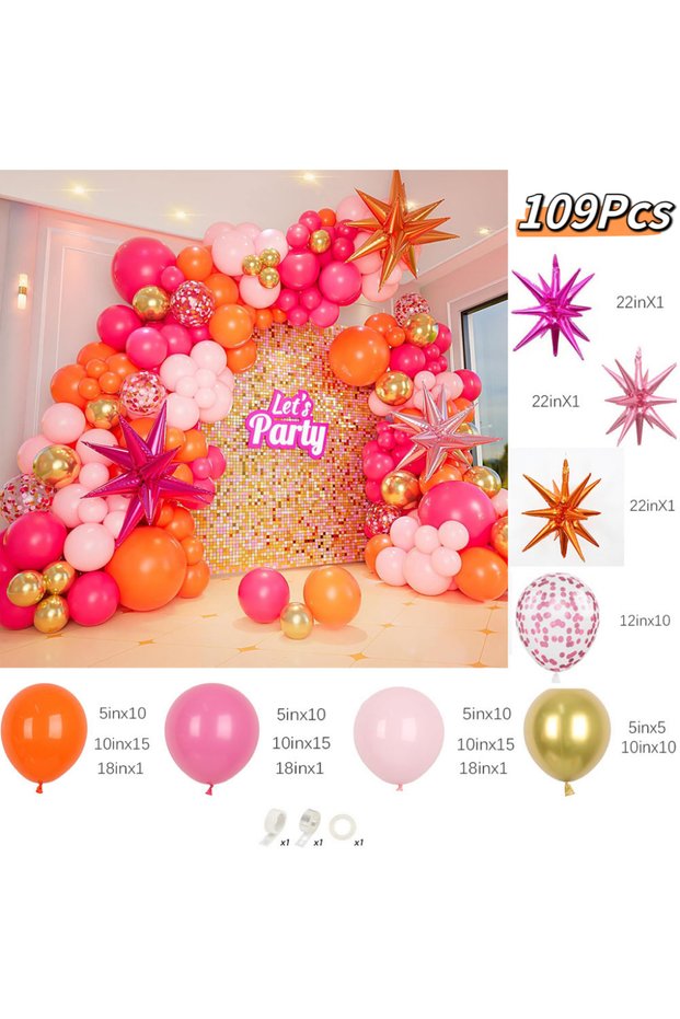 Other BL50710-109Pcs 109Pcs Pink and Orange Balloon Hot Pink Orange Metallic Gold Latex Balloons Gar