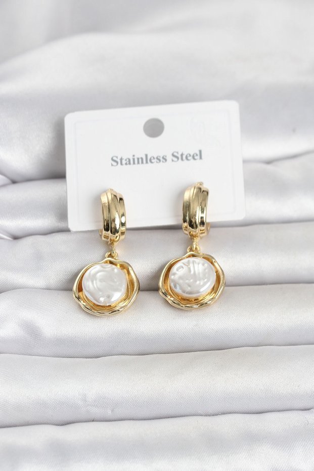 316L Steel Gold Color Pearl Detailed Women's Earrings