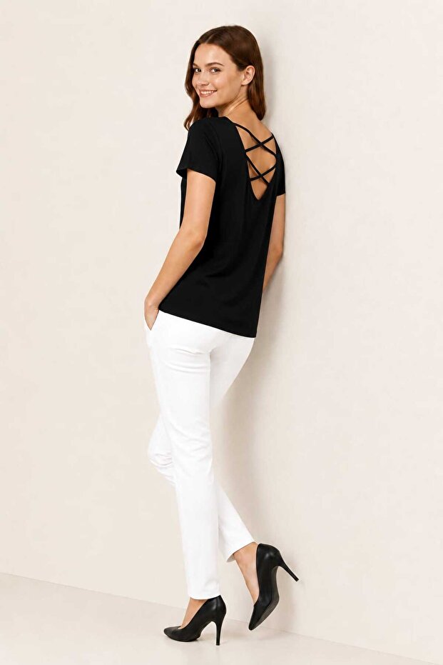 Short Sleeve V Neck Blouse with Cross Back Detail