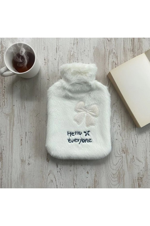 Hello Everyone Written Ribbon White Plush Hot Water Bag 1 Lt – Soft Cover, Long-Lasting Warmth