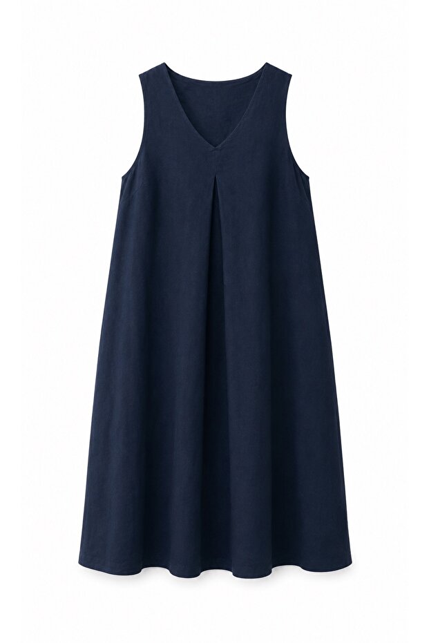 Navy Blue Pleated Front V-Neck Linen Dress