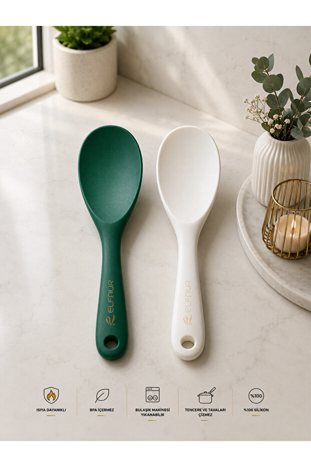 (2 Pieces Ecru Ultra Hard Tip Silicone Pilaf Spoon High Heat Resistant Fireproof Non-Stick 22 cm