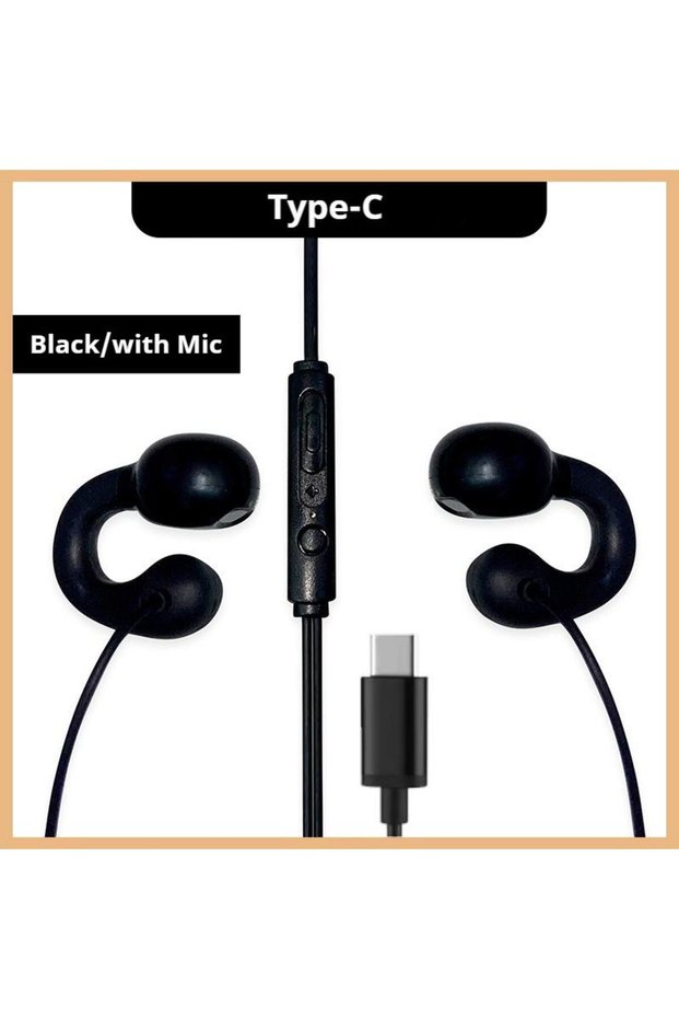 black-type-c(1.2M) Clip-on Wired Headphones Type C&3.5mm Stereo Sports Music Earbuds Handfree Sport