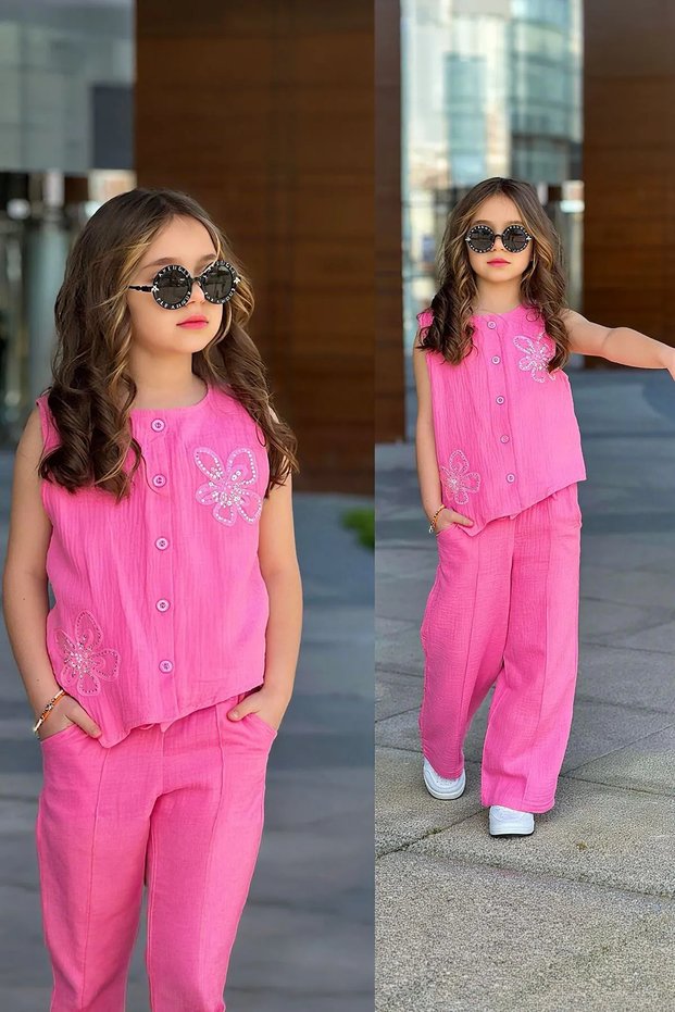 My Little One's Muslin Girl's Set with Floral Accessories - Pink