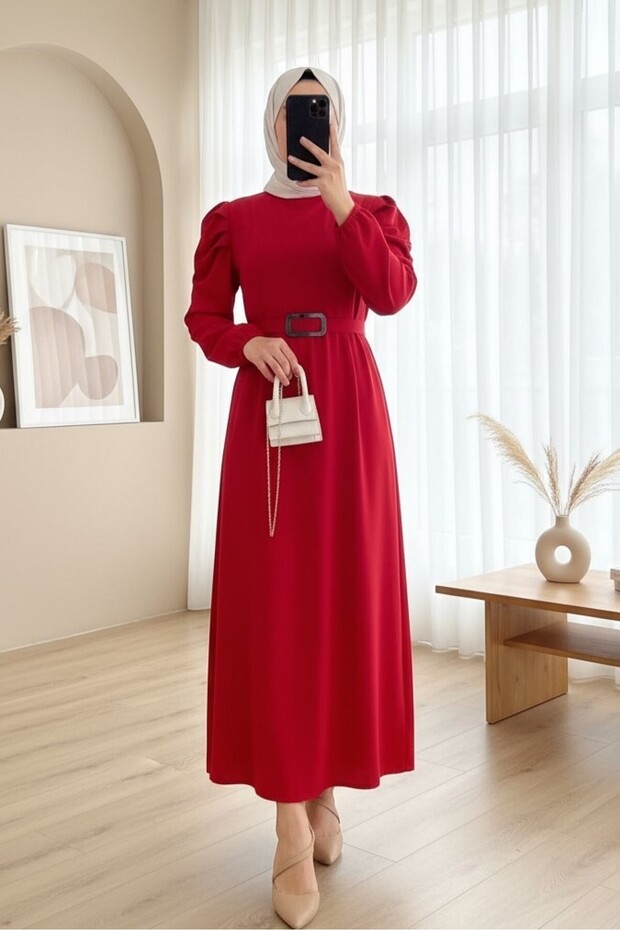 Watermelon Sleeve Buckle Belt Dress -Red