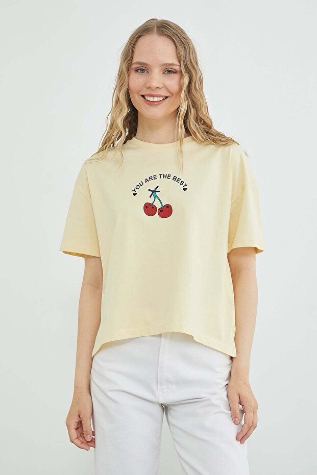 Cherry Printed Crew Neck Casual T-Shirt