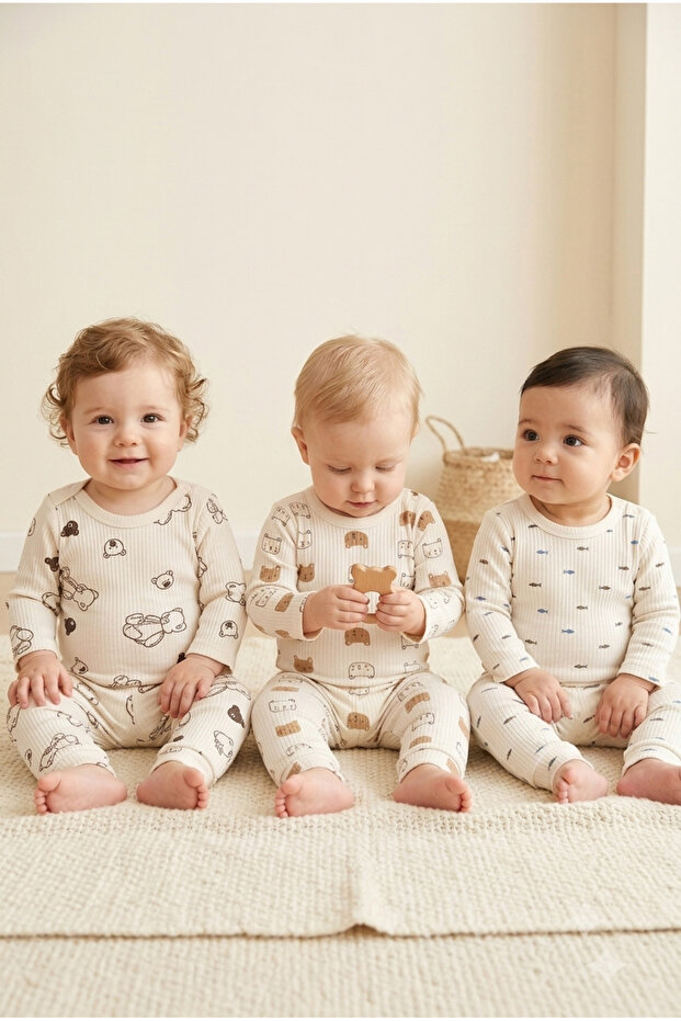 100% Cotton Baby 3-Piece Set Ribbed Cotton Patterned Long Sleeve Bodysuit and Bottom-Top Set (0-3, 3-6, 6-9 Months)