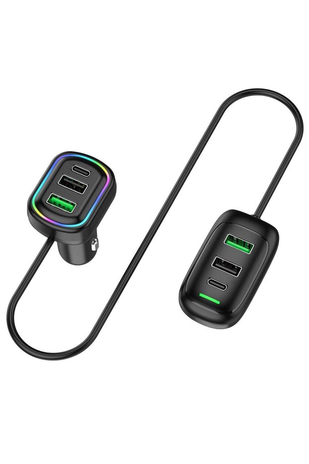 Black 6-Ports USB Type-C Front And Rear Extension Car Charger With RGB Light PD Fast Charging Power