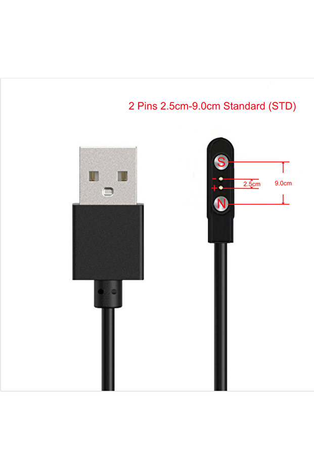 كابل شحن مغناطيسي أسود (2.5 مم - 9 مم STD) بـ 2 و4 و5 دبابيس، من USB إلى دبابيس بوجو للساعات الذكية وسماعات الأذن