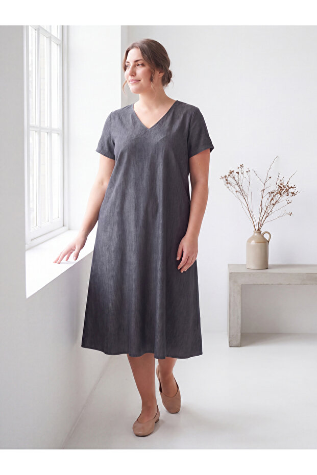 Women's Plus Size Midi Dress V-Neck Short Sleeve Tencel Anthracite