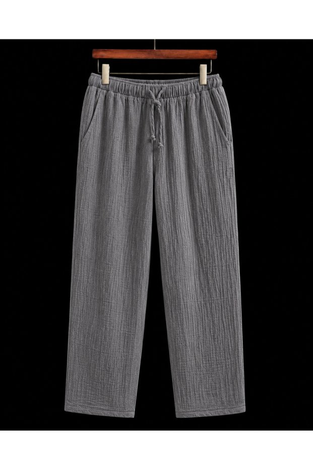 Men's 100% Cotton Muslin Tapered Leg Trousers, Relaxed Fit, Pockets, Lace-Up Casual Beach Trousers