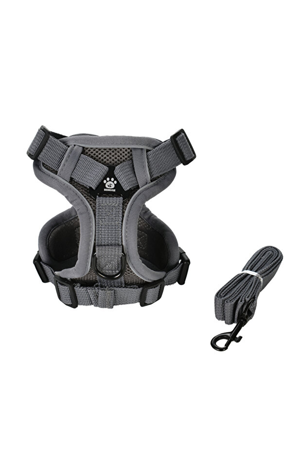 طوق ومقود رمادي كبير الحجم قابل للتهوية للقطط والكلاب الصغيرة والمتوسطة، قابل للتعديل، عاكس للضوء، مناسب للحيوانات الأليفة