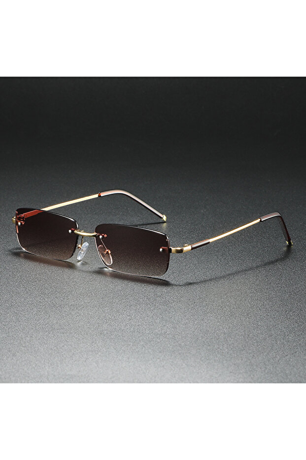 Gold tea 2025 Fashion Small Sun Glasses for Men Retro Rectangular Sunglasses Rimless Brand Designer