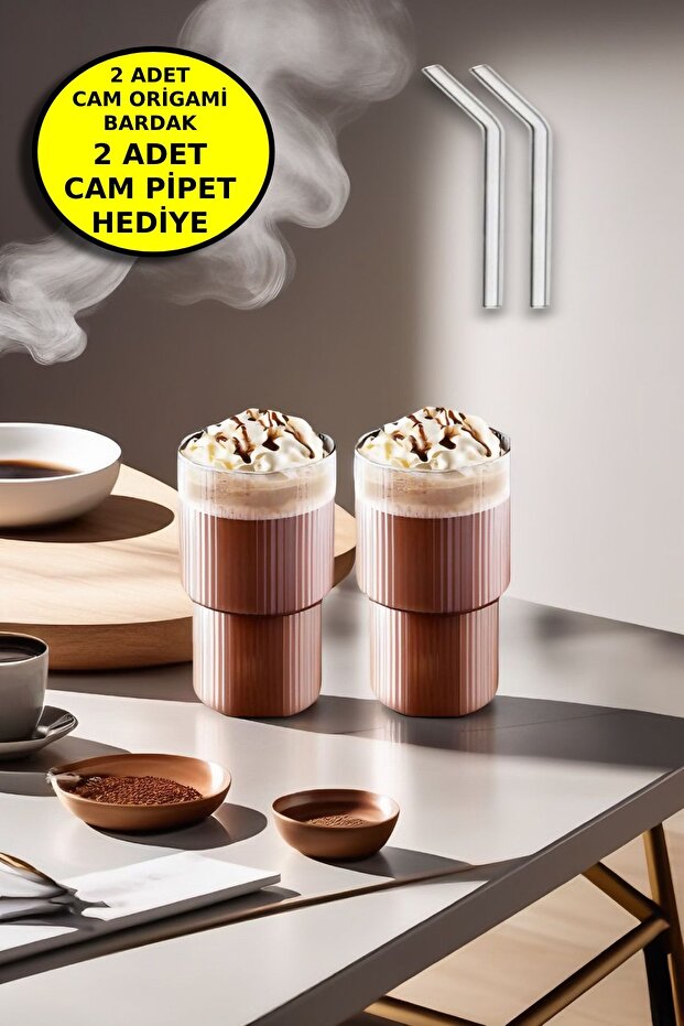 2-Piece Origami Glass Model Borosilicate Cold Coffee Cocktail Soft Drink Glass 300 ml - 2-Piece Glass Straw Gift